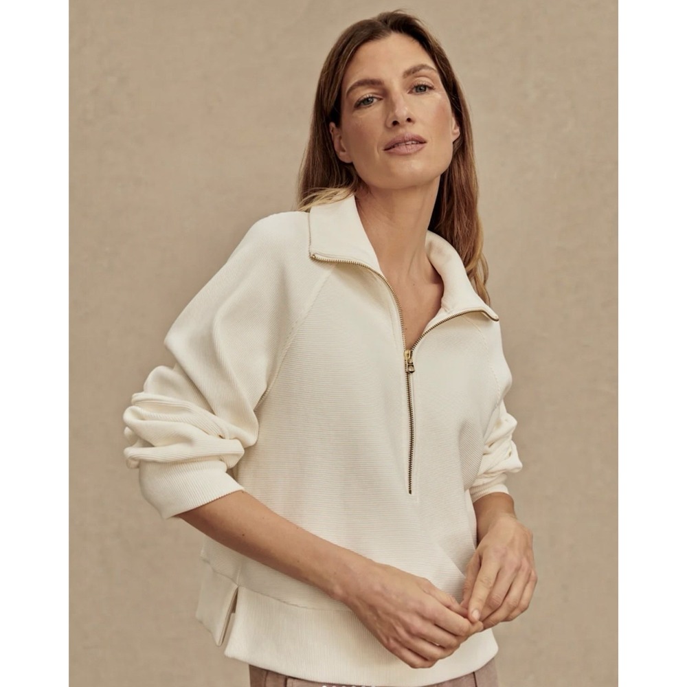 Varley Milano Half Zip Sweat Ivory Ottoman Rib Knit Pullover Women's L - Picture 5 of 11